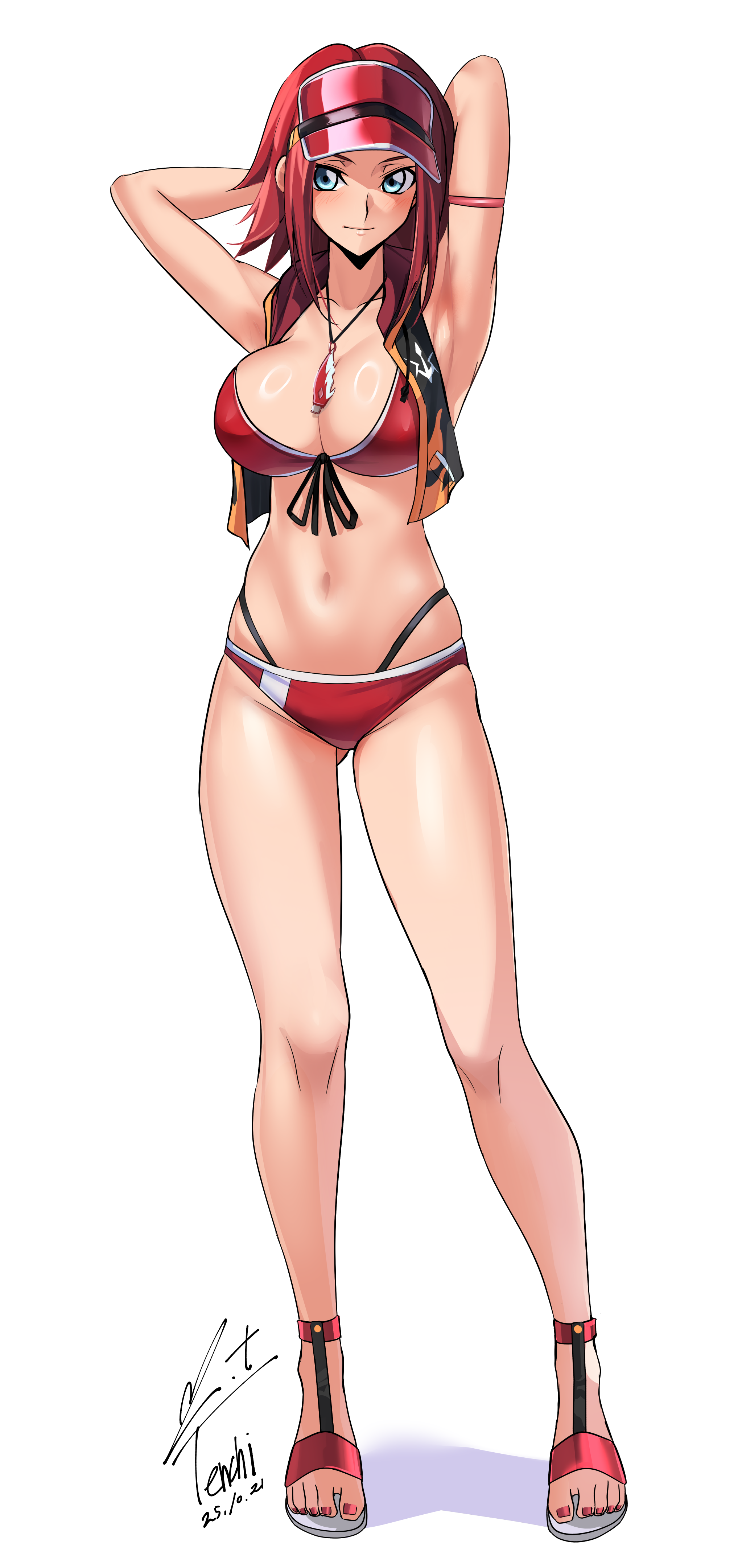 yoo tenchi, kouzuki kallen, code geass, absurdres, commentary request, highres, 1girl, arm behind head, armpits, artist name, bikini, blue eyes, breasts, cleavage, dated, feet, jacket, jewelry, large breasts, looking at viewer, multicolored jacket, navel, necklace, red bikini, red hair, red nails, sandals, short hair, simple background, solo, stomach, swimsuit, two-tone jacket, visor cap, white background