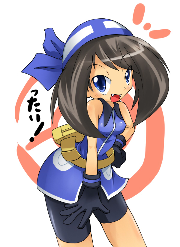 ukan muri, may (pokemon), nintendo, pokemon, pokemon adventures, 1girl, bandana, bike shorts, blue eyes, fangs, female focus, gloves, solo