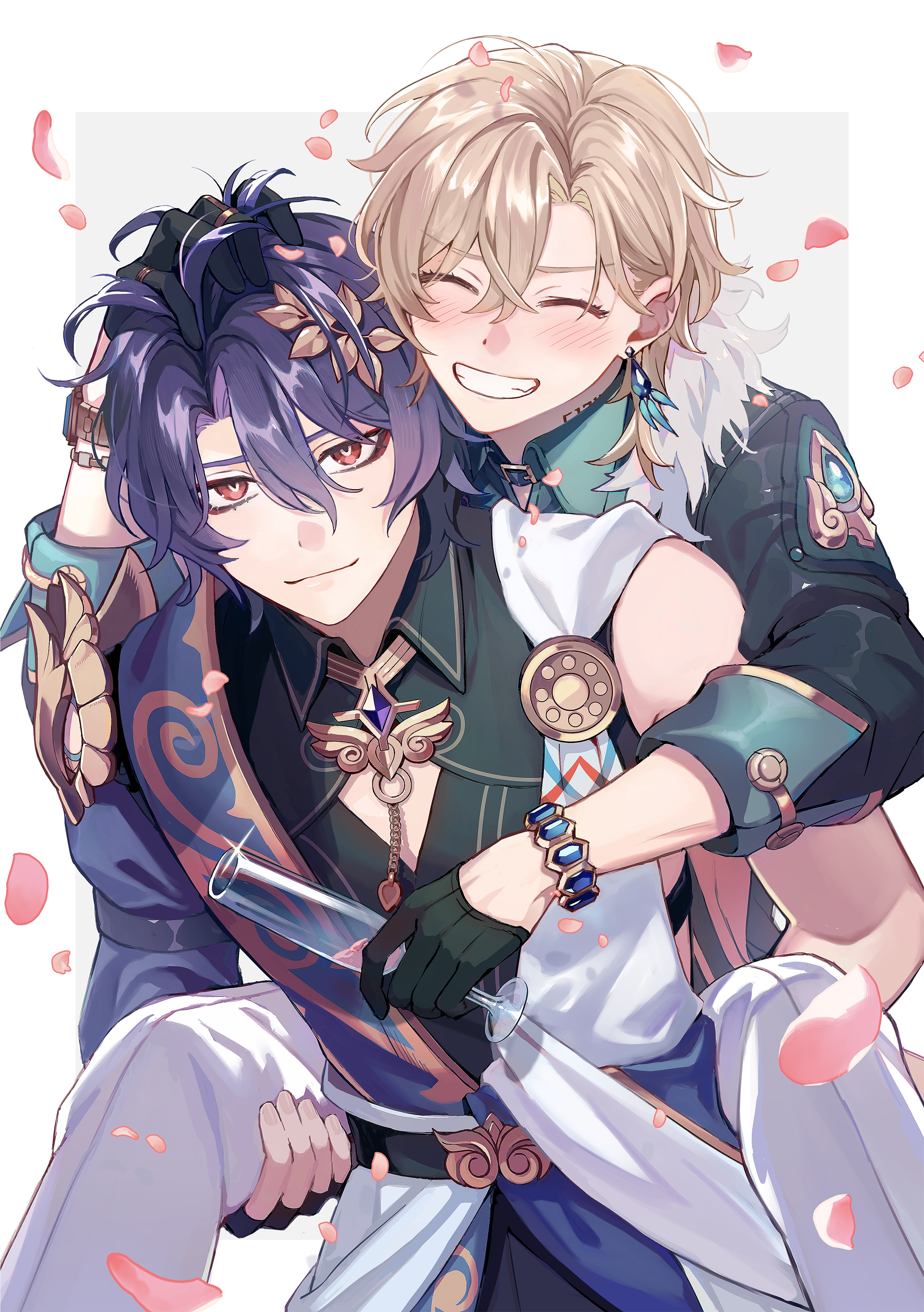 aventurine (honkai: star rail), dr. ratio (honkai: star rail), honkai: star rail, honkai (series), absurdres, commentary request, highres, 2boys, ^ ^, ancient greek clothes, aqua shirt, armor, belt, black belt, black gloves, black shirt, blonde hair, blush, border, bracelet, carrying, champagne flute, cleavage cutout, closed eyes, closed mouth, clothing cutout, crossed bangs, cup, drinking glass, earrings, eyeshadow, falling petals, fingerless gloves, fur-trimmed jacket, fur trim, gem, gloves, gold ring, gold trim, greco-roman clothes, grey background, grin, hair between eyes, hair ornament, half gloves, hand on another's head, hand up, holding, holding cup, jacket, jewelry, looking at viewer, makeup, male focus, multicolored eyes, multiple boys, neck tattoo, outside border, pants, parted bangs, pauldrons, petals, piggyback, purple gemstone, purple hair, red eyes, red eyeshadow, ring, shirt, short hair, shoulder armor, single earring, single pauldron, sleeve cuffs, sleeveless, sleeveless shirt, smile, standing, tattoo, teeth, three-quarter sleeves, two-tone eyes, watch, white border, white pants, wristwatch, yellow eyes, yurugi (yurugi h)