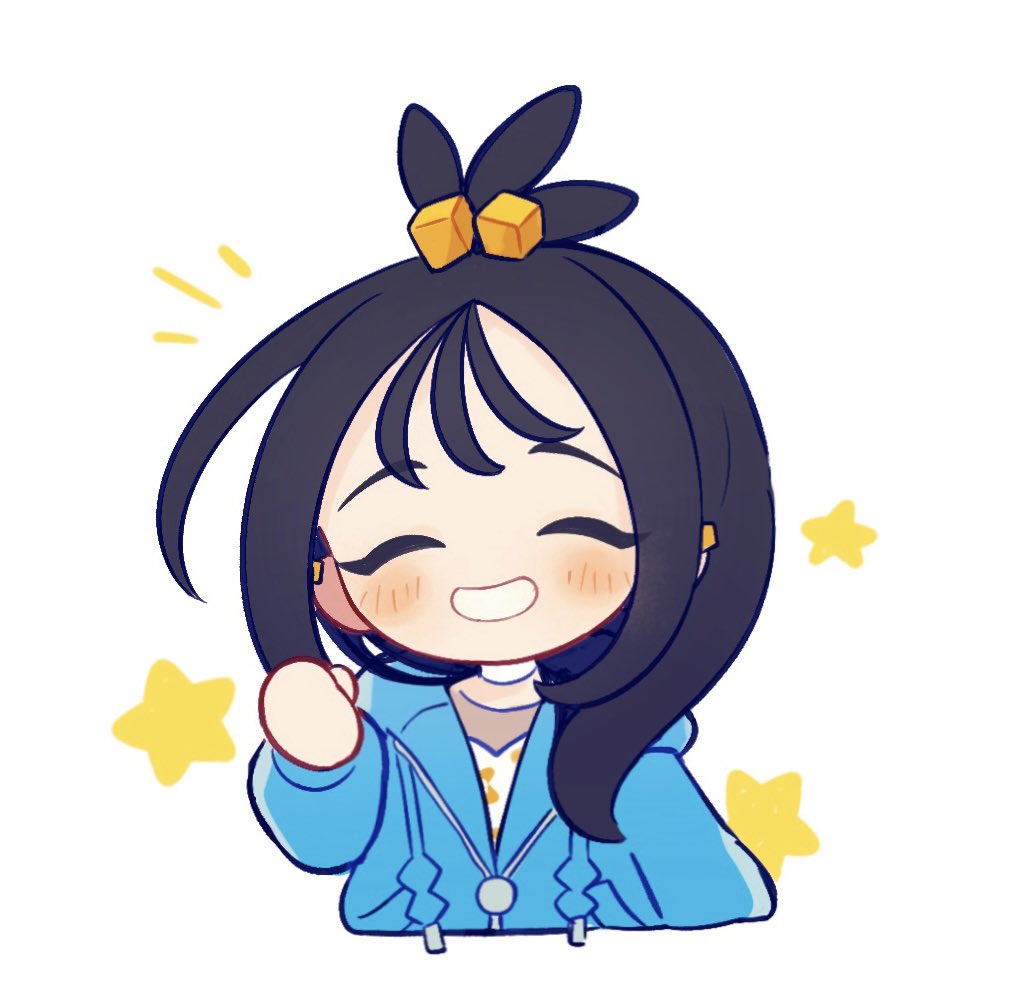 inomo (qimoshu), lida (pokemon), nintendo, pokemon, pokemon legends: z-a, commentary, 1girl, ^ ^, black hair, blue hoodie, blush, chibi, chibi only, closed eyes, cropped torso, cube hair ornament, drawstring, facing viewer, grin, hair ornament, hand up, hood, hood down, hoodie, long hair, long sleeves, notice lines, simple background, smile, solo, star (symbol), white background