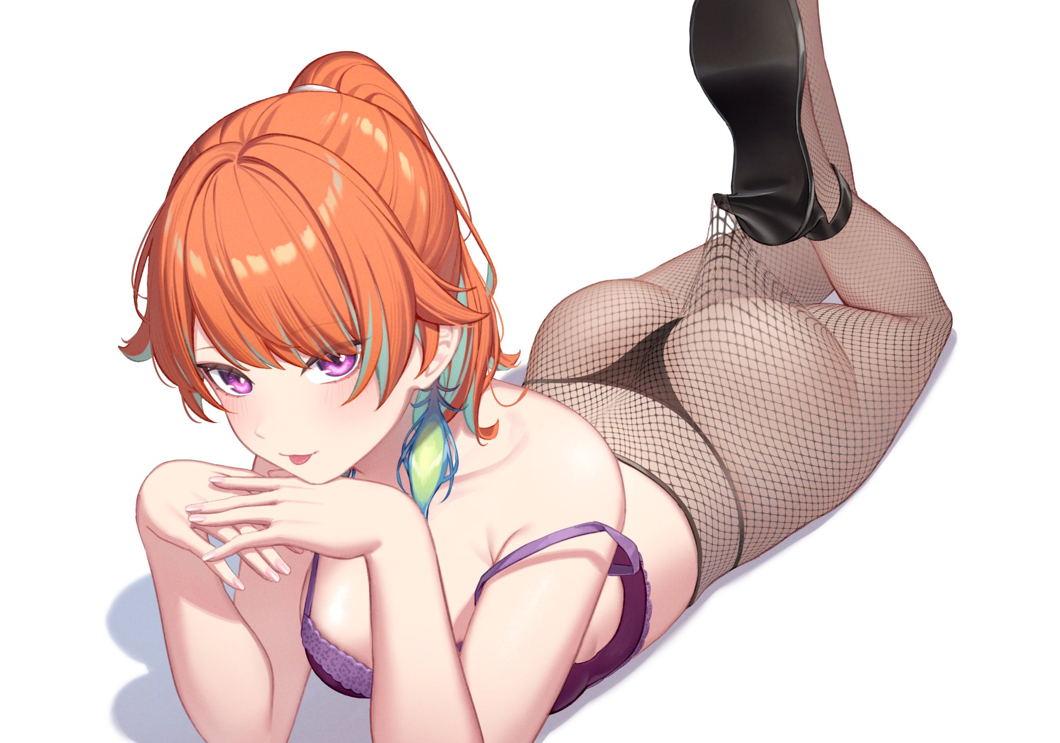 resu desu, takanashi kiara, hololive, hololive english, commentary, highres, symbol-only commentary, 1girl, :p, ass, black panties, black shoes, bra, breasts, colored inner hair, feathers, feet up, fishnet pantyhose, fishnets, green feathers, green hair, hair flaps, high heels, lace pantyhose hooked on heel (meme), long hair, looking at viewer, lying, medium breasts, meme, multicolored hair, on stomach, orange hair, panties, pantyhose, ponytail, purple bra, purple eyes, shoes, simple background, solo, strap slip, strappy heels, the pose, tongue, tongue out, underwear, virtual youtuber, white background