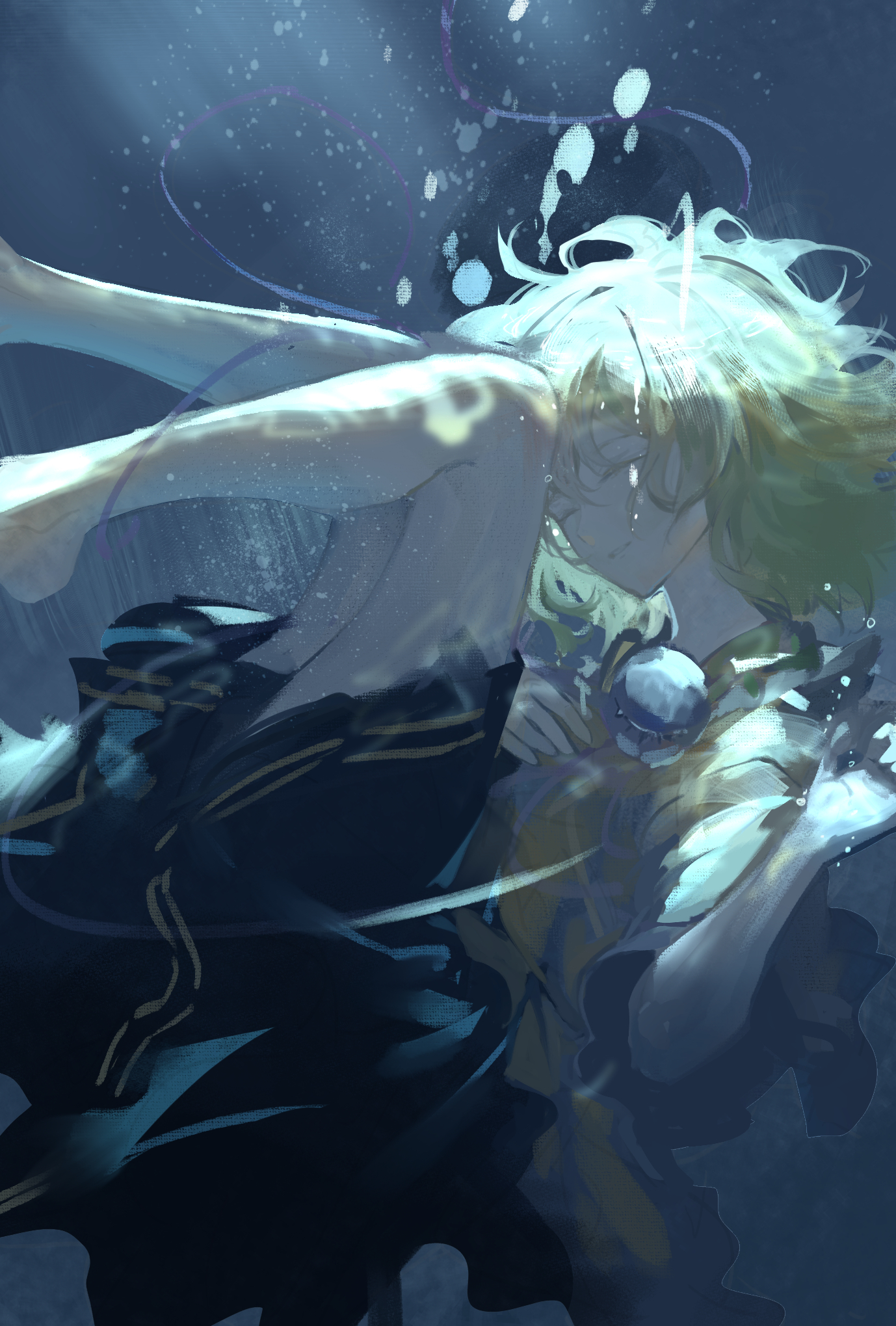 wb yimo, komeiji koishi, touhou, highres, 1girl, air bubble, blouse, bubble, buttons, closed eyes, closed mouth, diamond button, eyeball, frilled sleeves, frills, green hair, green skirt, shirt, skirt, solo, third eye, underwater, water, yellow shirt