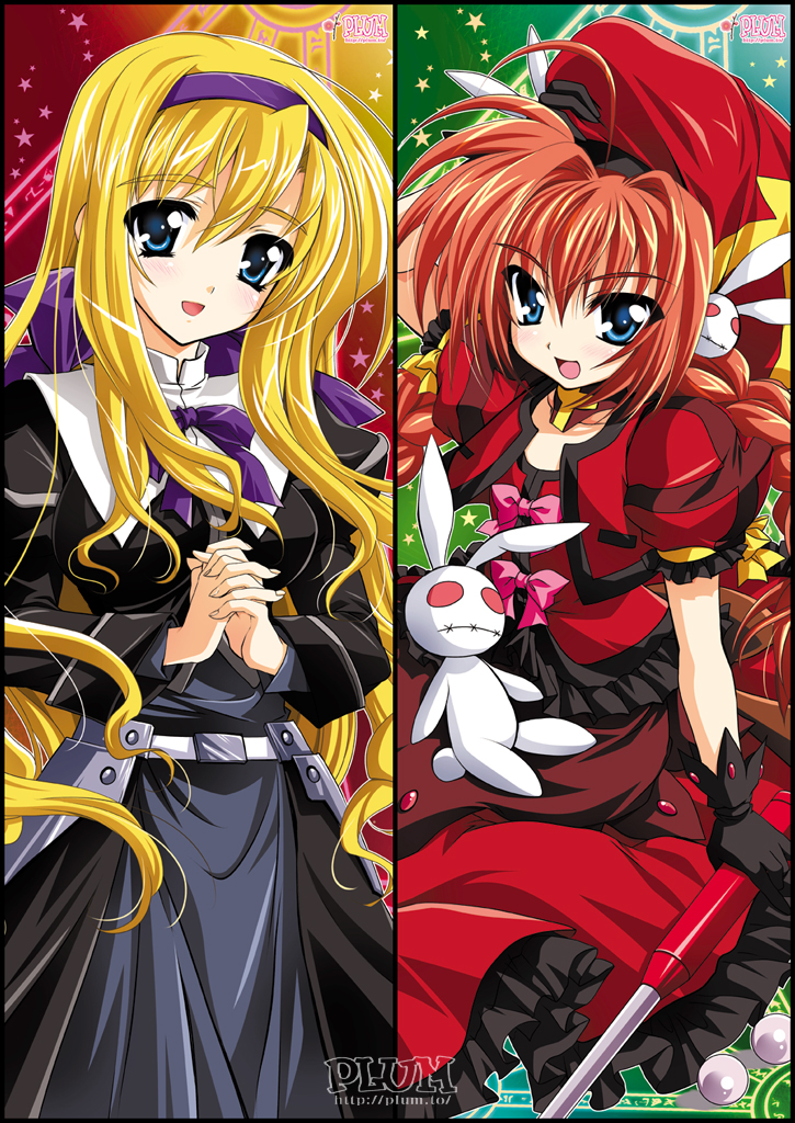 kanna (plum), carim gracia, graf eisen, vita (nanoha), lyrical nanoha, mahou shoujo lyrical nanoha, mahou shoujo lyrical nanoha strikers, md5 mismatch, resolution mismatch, source smaller, 00s, 2girls, ahoge, belt, black dress, blonde hair, blue eyes, braid, breasts, choker, cropped jacket, dress, flat chest, frills, gloves, hair ribbon, hairband, hat, holding hands, long hair, long sleeves, medium breasts, multiple girls, open mouth, red hair, ribbon, stuffed animal, stuffed rabbit, stuffed toy, twin braids, weapon