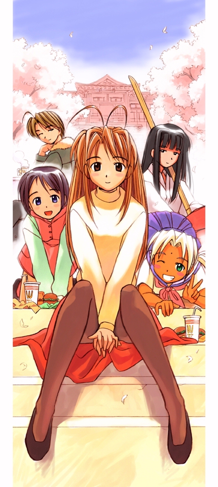 akamatsu ken, aoyama motoko, kaolla su, konno mitsune, maehara shinobu, narusegawa naru, love hina, mcdonald's, long image, official art, tall image, 5girls, antenna hair, bokken, cherry blossoms, dark-skinned female, dark skin, japanese clothes, legs, long hair, multiple girls, pantyhose, petals, short hair, sword, weapon, wooden sword