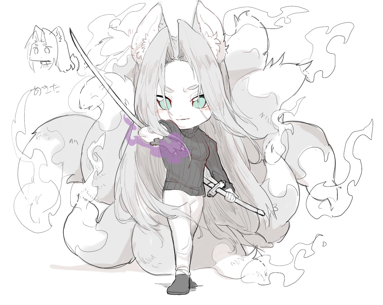 hattouissenbaka, sephiroth, final fantasy, final fantasy vii, commentary request, highres, 1boy, alternate costume, animal ears, animal hands, aqua eyes, arm up, blush stickers, chibi, chibi only, fire, fox boy, fox ears, fox tail, full body, holding, holding sword, holding weapon, katana, kemonomimi mode, kitsune, long bangs, long hair, magic, male focus, masamune (ff7), multiple views, no armor, pants, parted bangs, parted lips, ribbed sweater, shoes, sketch, sleeves rolled up, smile, spot color, standing, sweater, sword, tail, turtleneck, turtleneck sweater, very long hair, weapon