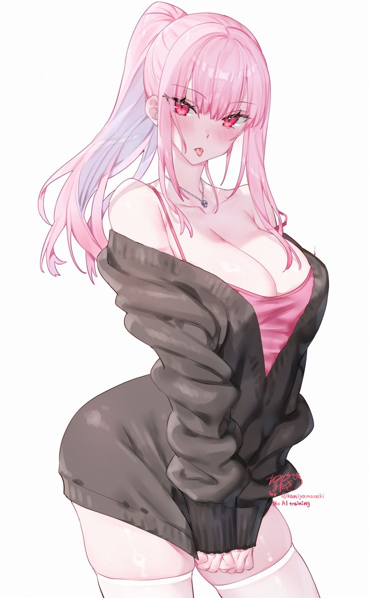 kamiya maneki, mori calliope, hololive, hololive english, commentary, english commentary, highres, 1girl, artist name, black sweater, blush, breasts, cleavage, closed mouth, clothes tug, collarbone, high ponytail, jewelry, large breasts, long hair, long sleeves, looking at viewer, necklace, off-shoulder sweater, off shoulder, pink eyes, pink hair, pink tank top, ponytail, signature, simple background, skull necklace, sleeves past wrists, solo, strap slip, sweater, sweater tug, tank top, thighhighs, thighs, tongue, tongue out, twitter username, virtual youtuber, white background, white thighhighs