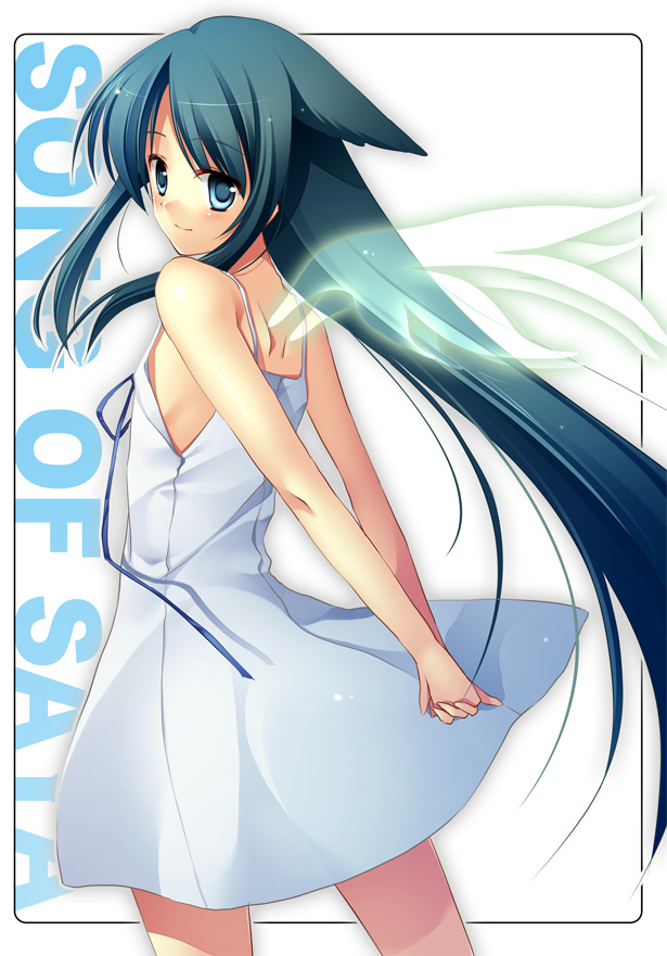 mee (pixiv61701), mexe, saya (saya no uta), saya no uta, 1girl, blush, dress, female focus, green eyes, green hair, long hair, looking back, matching hair/eyes, smile, solo, very long hair, wings