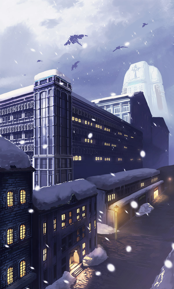 fo~do, original, pixiv fantasia, pixiv fantasia 3, lights, aircraft, building, city, cityscape, no humans, road, scenery, sky, snow, street, vanishing point