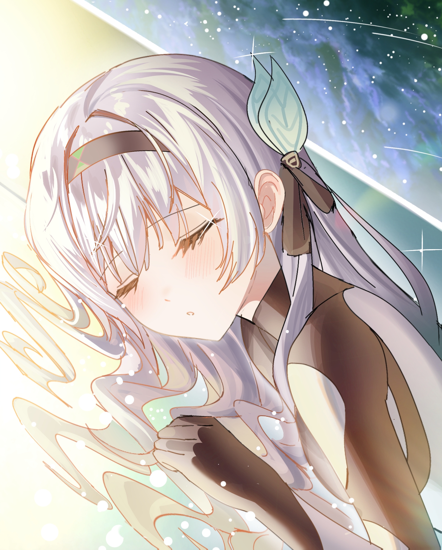 devl ga aru, firefly (ar-26710) (honkai: star rail), firefly (honkai: star rail), honkai: star rail, honkai (series), highres, 1girl, black bodysuit, black hairband, black ribbon, blush, bodysuit, closed eyes, cryostasis pod, dutch angle, expressionless, facing viewer, from side, hair ornament, hair ribbon, hair spread out, hairband, light particles, long hair, lying, mecha pilot suit, meteor shower, multicolored bodysuit, on side, parted lips, ribbon, sidelighting, sky, sleeping, solo, sparkle, star (sky), starry sky, two-tone bodysuit, u u, upper body, white bodysuit, white hair