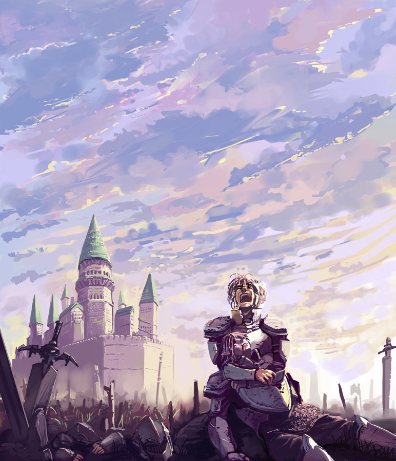 fo~do, pixiv fantasia, pixiv fantasia 3, 2boys, armor, battlefield, blood, castle, chainmail, corpse, death, field of blades, helmet, multiple boys, outdoors, pauldrons, pointy ears, sad, shoulder armor, shouting, sky, sword, tears, unworn headwear, unworn helmet, war, weapon