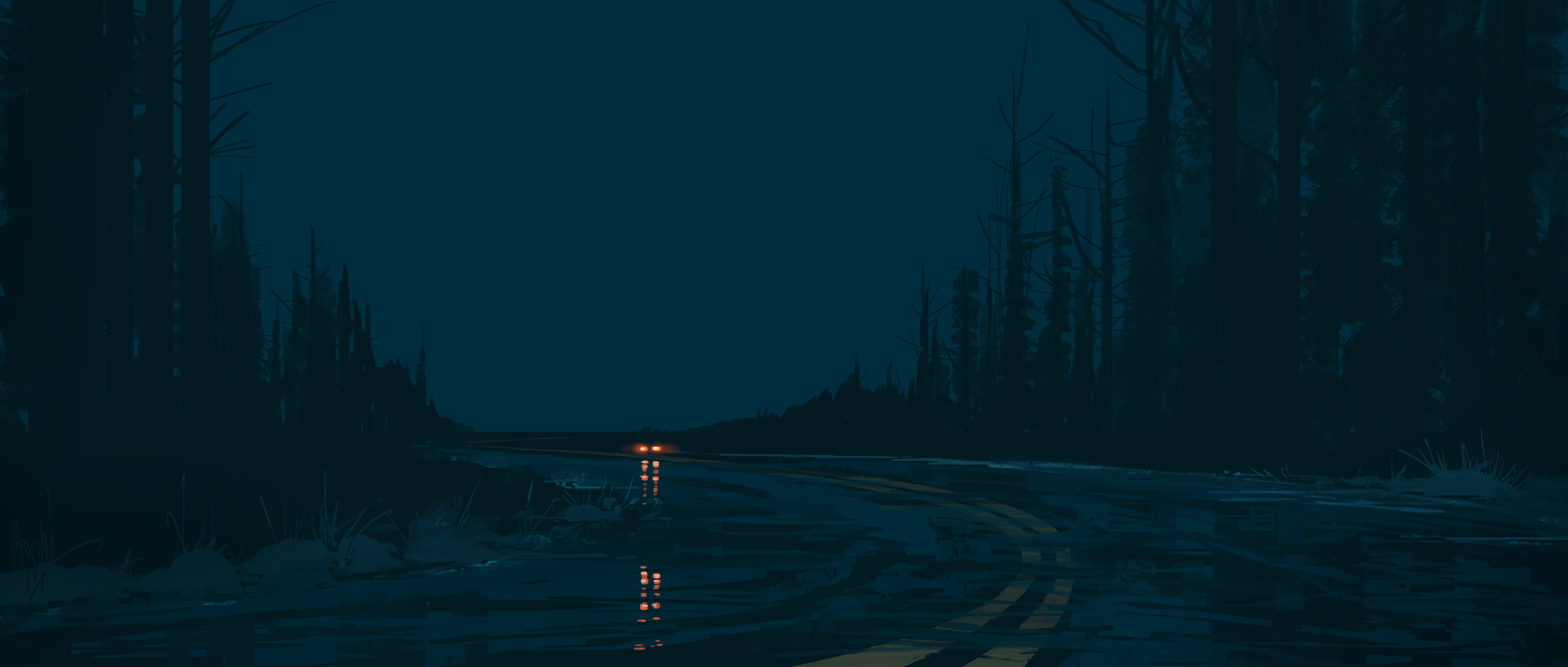 gracile, original, absurdres, highres, car, dark, motor vehicle, night, no humans, outdoors, pavement, reflective pavement, road, rural, scenery, sky, tree