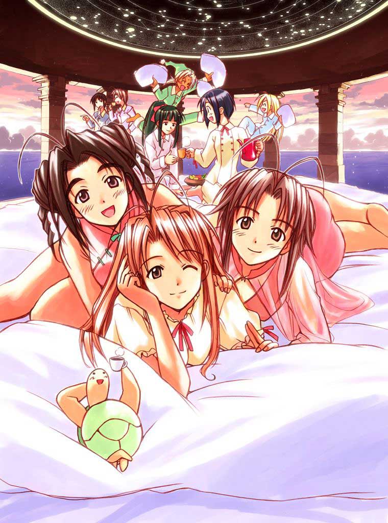 akamatsu ken, aoyama motoko, fujisawa mizuho, kaolla su, konno mitsune, maehara shinobu, narusegawa naru, otohime mutsumi, sarah mcdougal, tama (love hina), urashima haruka, love hina, 6+girls, antenna hair, blonde hair, blush, brown hair, china dress, chinese clothes, dress, happy, indoors, long hair, looking at viewer, lying, multiple girls, on bed, one eye closed, orange hair, pajamas, short hair, smile, turtle, turtleneck, wink