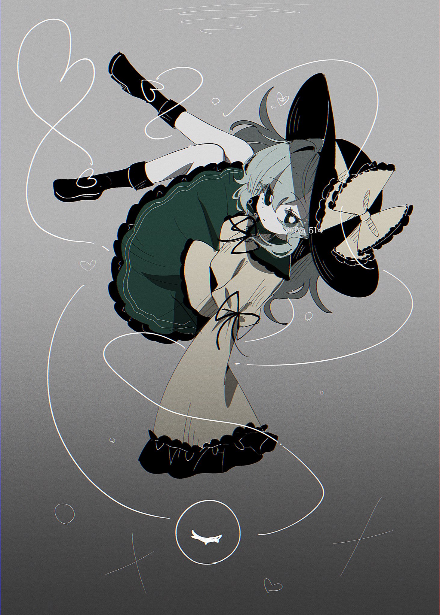 komeiji koishi, touhou, highres, 1girl, black boots, black hat, blouse, boots, bow, closed mouth, eyeball, frilled shirt collar, frilled sleeves, frills, green hair, green skirt, hair between eyes, hat, hat bow, hat ribbon, heart, heart of string, ribbon, shirt, short hair, skirt, solo, third eye, tya 514, yellow bow, yellow ribbon, yellow shirt