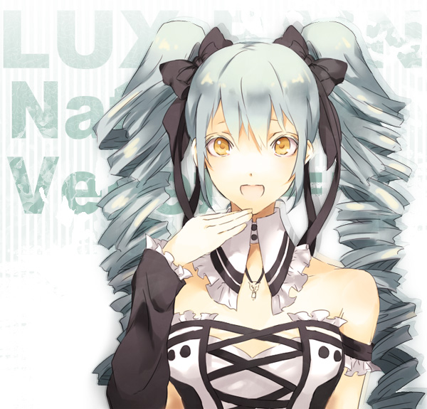 arisaka ako, venefsukja natsuki, lux-pain, bad id, bad pixiv id, bare shoulders, blue hair, bow, detached sleeves, drill hair, gothic lolita, hair ribbon, lolita fashion, long hair, ribbon, solo, yellow eyes