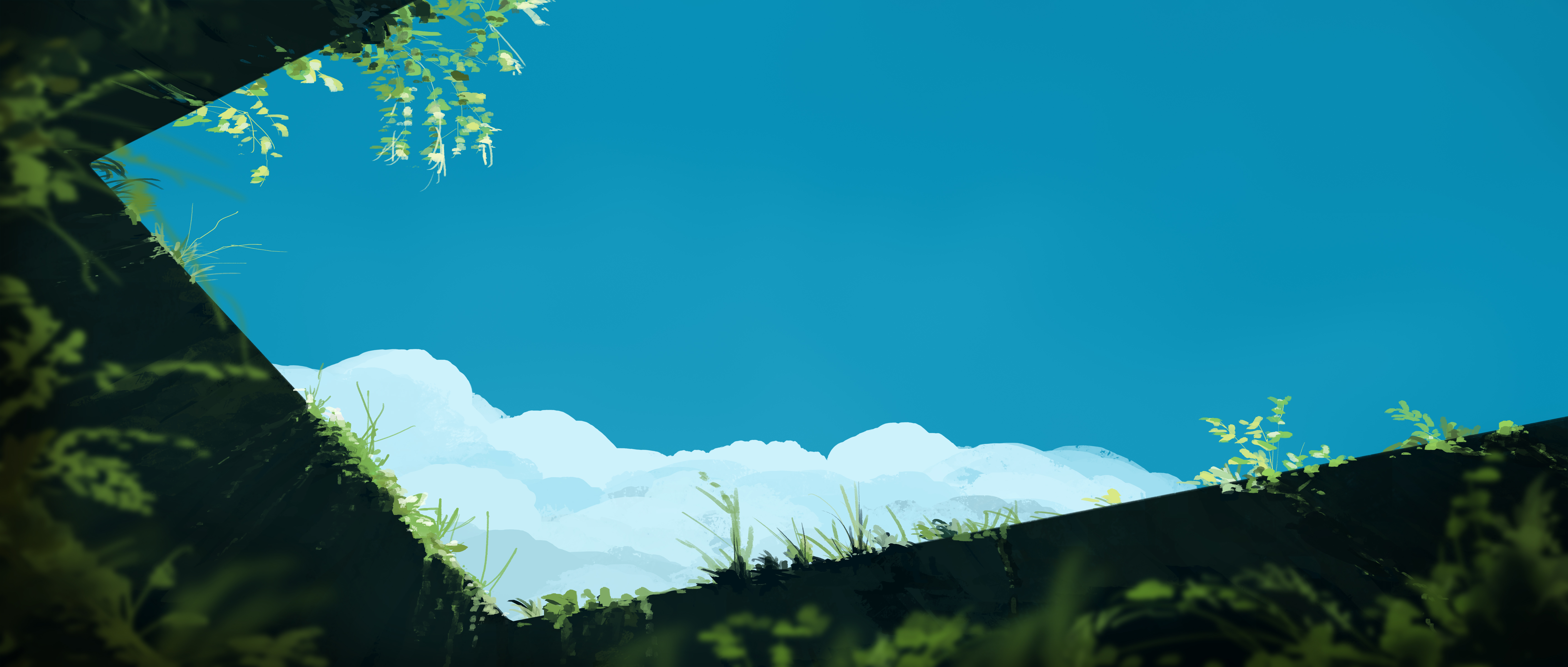 gracile, original, absurdres, highres, abandoned, blue sky, blurry, blurry foreground, cloud, nature, no humans, overgrown, plant, scenery, sky, sky focus, skylight, vines