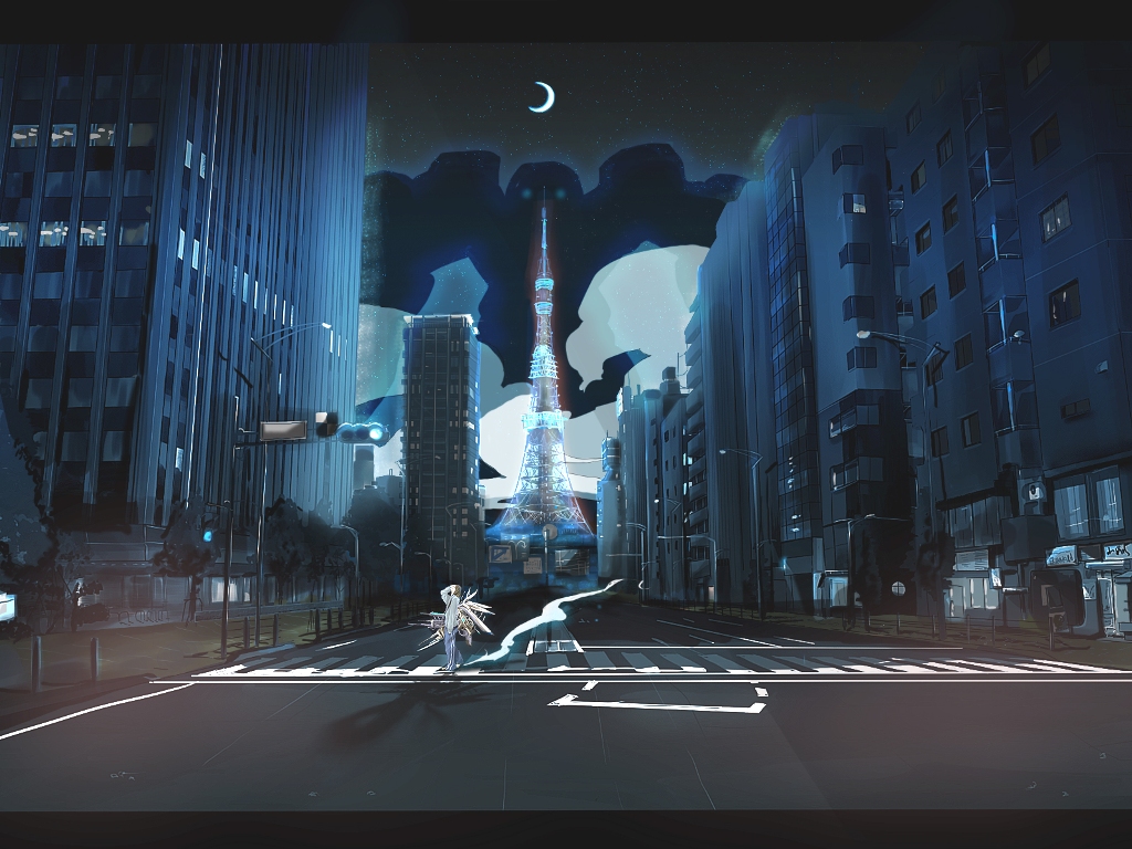 ao (aohari), ao (artist), original, saishuu heiki kanojo, 00s, city, cityscape, crosswalk, facepalm, mechanical wings, minato (tokyo), moon, real world location, robot, scenery, shadow, solo, tokyo (city), tokyo tower, wings