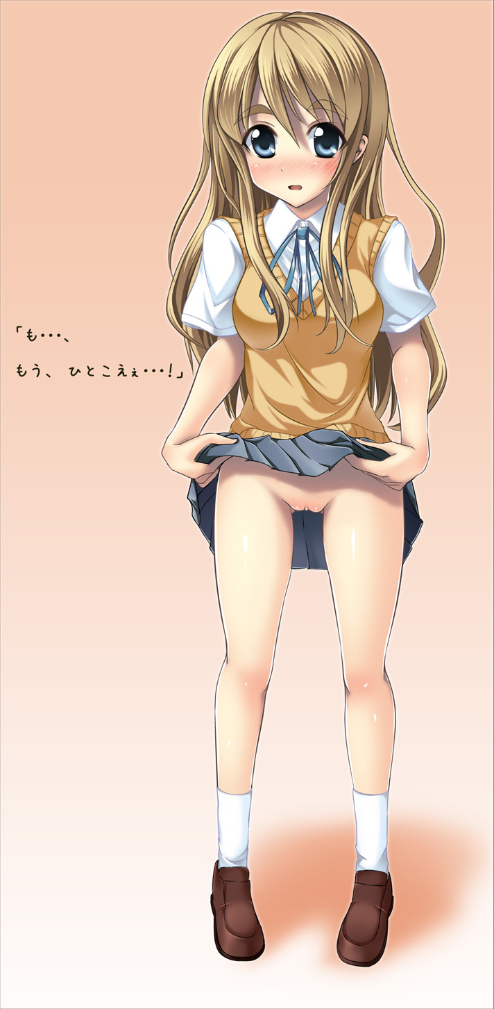 saxasa kisuk, kotobuki tsumugi, k-on!, eyebrows, highres, 00s, 1girl, blonde hair, blue eyes, blush, brown shoes, clothes lift, female focus, gradient background, lifting own clothes, loafers, long hair, no panties, orange background, pussy, school uniform, shoes, simple background, skirt, skirt lift, socks, solo, sweater vest, uncensored, white socks