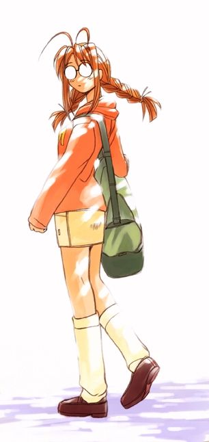 akamatsu ken, narusegawa naru, love hina, 1girl, antenna hair, bag, braid, duffel bag, female focus, glasses, long hair, loose socks, opaque glasses, orange hair, socks, solo, twin braids