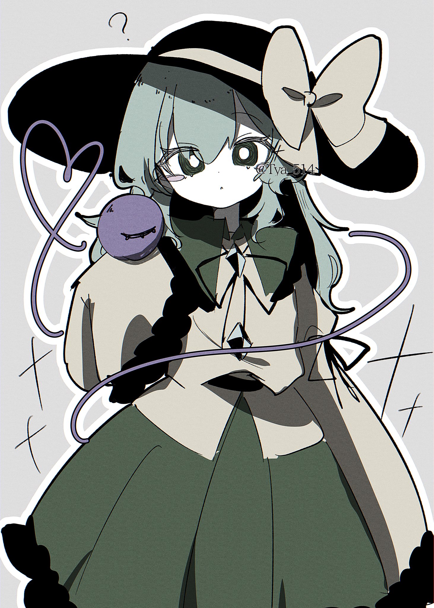 komeiji koishi, touhou, highres, 1girl, black hat, blouse, blush, bow, buttons, closed mouth, diamond button, eyeball, frilled shirt collar, frilled sleeves, frills, green hair, green skirt, hair between eyes, hat, hat bow, hat ribbon, heart, heart of string, long hair, ribbon, shirt, simple background, skirt, solo, third eye, tya 514, upper body, yellow bow, yellow ribbon, yellow shirt