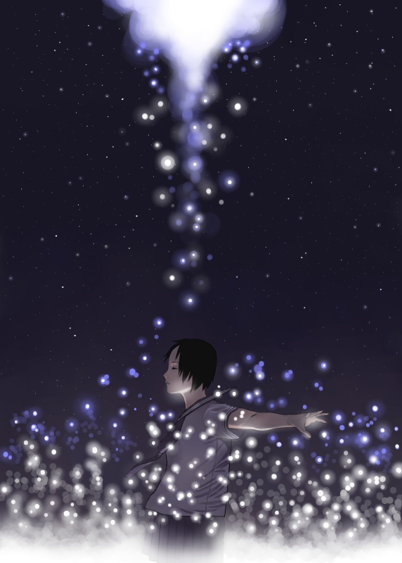 shiira, bad id, bad pixiv id, 1girl, black hair, closed eyes, female focus, outstretched arms, school uniform, short hair, solo, spread arms, star (symbol)