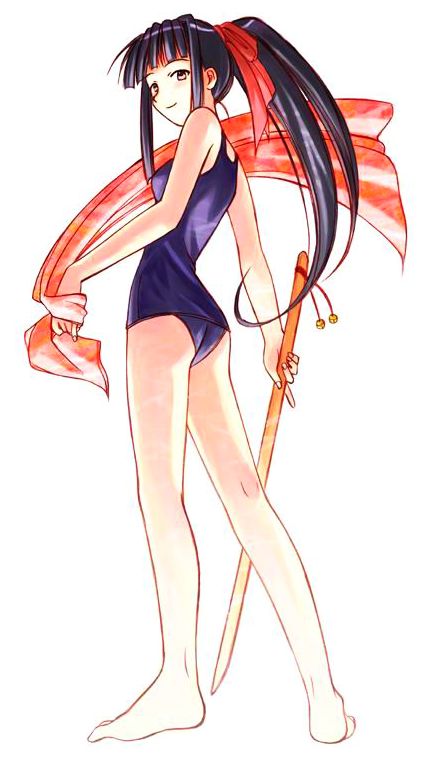akamatsu ken, aoyama motoko, love hina, 1girl, barefoot, black hair, bokken, female focus, legs, long hair, looking back, one-piece swimsuit, ponytail, school swimsuit, solo, swimsuit, sword, weapon, wooden sword