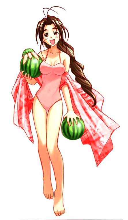 akamatsu ken, otohime mutsumi, tama-chan, tama (love hina), love hina, jpeg artifacts, 1girl, barefoot, blush, breasts, brown hair, female focus, food, fruit, holding, holding food, holding fruit, holding watermelon, large breasts, legs, long hair, looking at viewer, one-piece swimsuit, open mouth, simple background, smile, solo, standing, swimsuit, turtle, watermelon, white background