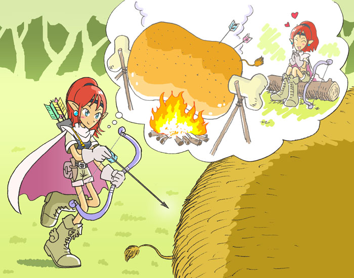 kabiinyo (kab), original, bad id, bad pixiv id, 1girl, arrow (projectile), blue eyes, boned meat, bow (weapon), cape, creature, elf, food, gloves, gradient background, hunter, long hair, meat, pointy ears, quiver, red hair, unknown animal, weapon