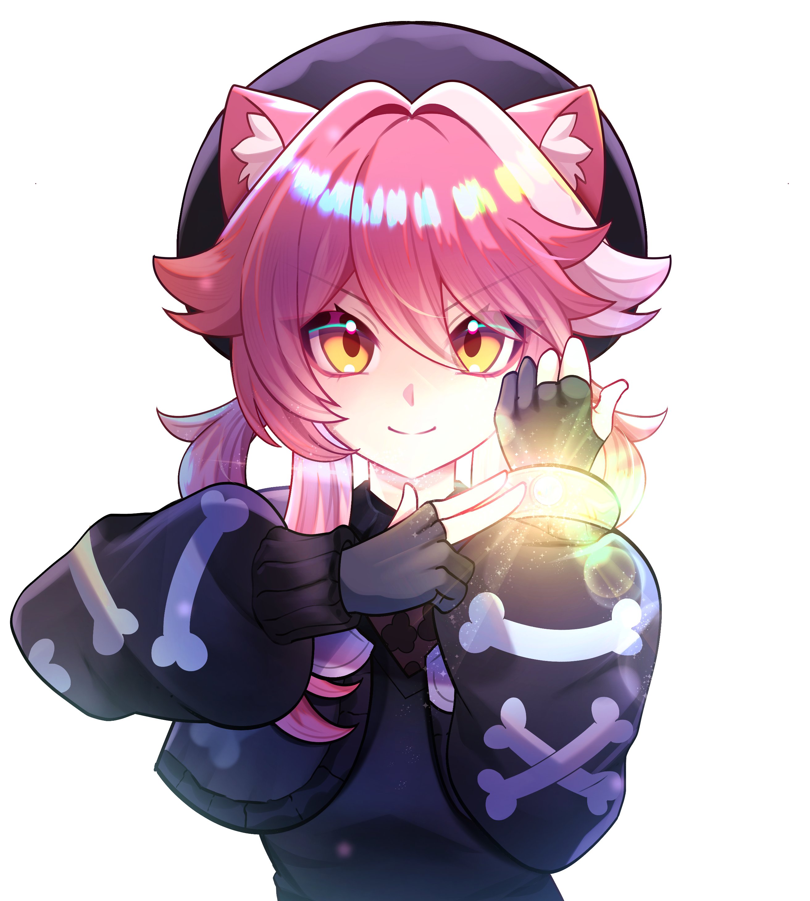 raora panthera, hololive, hololive english, nintendo, pokemon, pokemon legends: z-a, absurdres, commentary, english commentary, highres, 1girl, animal ears, bepplesanim, beret, black gloves, black hat, black jacket, black shirt, blush, bone print, bracelet, closed mouth, gloves, hair intakes, hat, jacket, jewelry, long hair, long sleeves, looking at viewer, panther ears, panther girl, partially fingerless gloves, pink hair, shirt, simple background, smile, solo, twintails, virtual youtuber, white background, yellow eyes