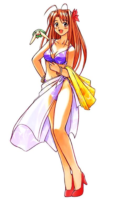 akamatsu ken, narusegawa naru, tama (love hina), love hina, 1girl, antenna hair, bangle, bikini, bracelet, female focus, flower, hair flower, hair ornament, high heels, jewelry, legs, navel, orange hair, purple bikini, sarong, see-through clothes, see-through sarong, shoes, simple background, solo, swimsuit, towel, turtle