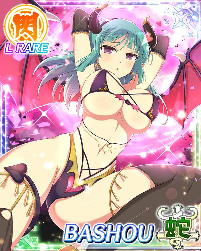 bashou (senran kagura), senran kagura, senran kagura new wave, game cg, non-web source, official art, 1girl, :o, arms behind head, arms up, bikini, black bikini, black gloves, black horns, black tail, black thighhighs, black wings, breasts, card (medium), cleavage, demon, demon girl, demon horns, demon tail, demon wings, elbow gloves, fake horns, fake tail, fake wings, from below, gloves, green hair, heart, horns, large breasts, long hair, looking at viewer, micro bikini, navel, official alternate costume, purple eyes, solo, swimsuit, tail, thighhighs, wings