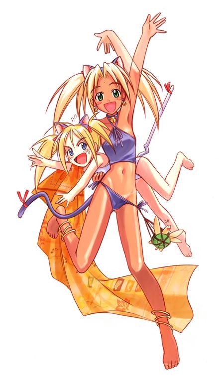 akamatsu ken, kaolla su, sarah mcdougal, tama (love hina), love hina, 2girls, animal ears, anklet, armpits, bangle, barefoot, bell, bikini tan, bindi, blonde hair, blush stickers, bracelet, cat ears, cat tail, collar, dark-skinned female, dark skin, halterneck, jewelry, legs, midriff, multiple girls, navel, neck bell, panties, panty pull, ribbon, sarong, side-tie panties, simple background, stiff tail, tail, tail ornament, tail ribbon, tan, tanline, turtle, twintails, underwear, waving