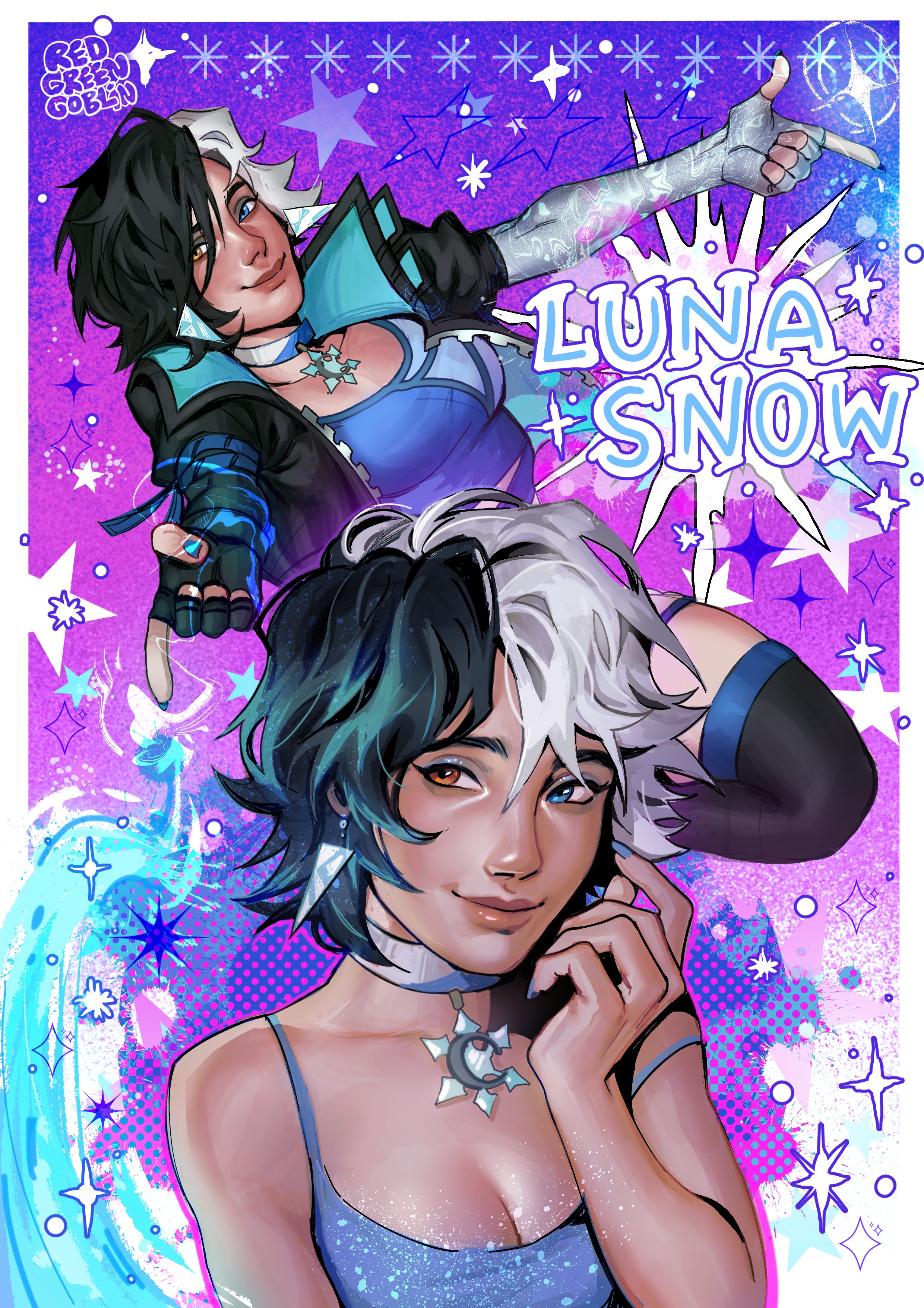 redgreengoblin, luna snow, marvel, marvel rivals, absurdres, highres, 1girl, black hair, blue eyes, breasts, choker, crop top, fingerless gloves, gloves, heterochromia, jacket, large breasts, looking at viewer, multicolored hair, short hair, shorts, smile, solo, split-color hair, two-tone hair, white hair