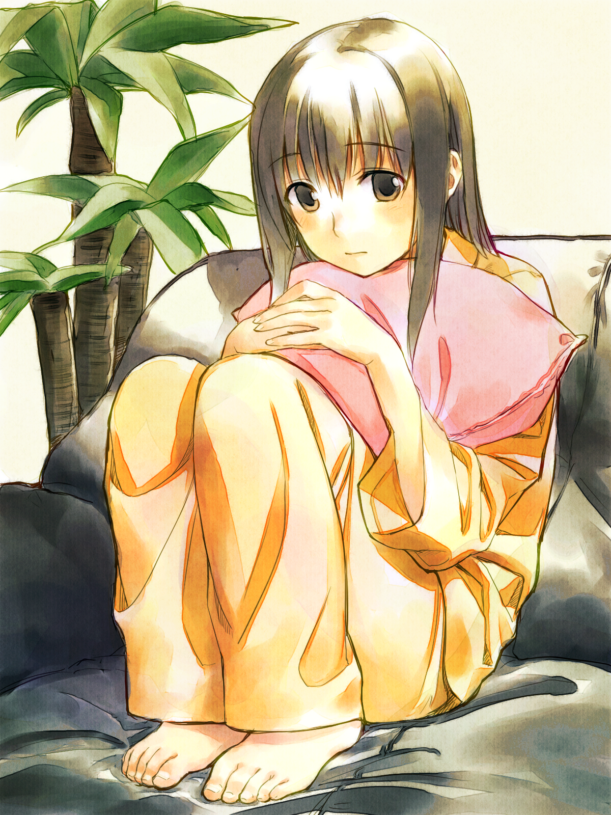 yuuki keisuke, original, highres, 1girl, barefoot, brown eyes, brown hair, couch, feet, female focus, hugging object, pajamas, pillow, pillow hug, plant, sitting, solo
