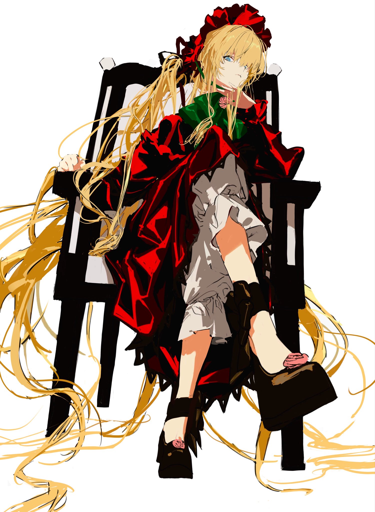 lomizuki, shinku, rozen maiden, highres, 1girl, black ribbon, blonde hair, bonnet, bow, capelet, chair, classic lolita, dress, flower, footwear flower, full body, green bow, head rest, lolita fashion, long hair, looking at viewer, mary janes, pants, red bonnet, red capelet, red dress, ribbon, shoes, sitting, sketch, solo, very long hair, white background, white pants