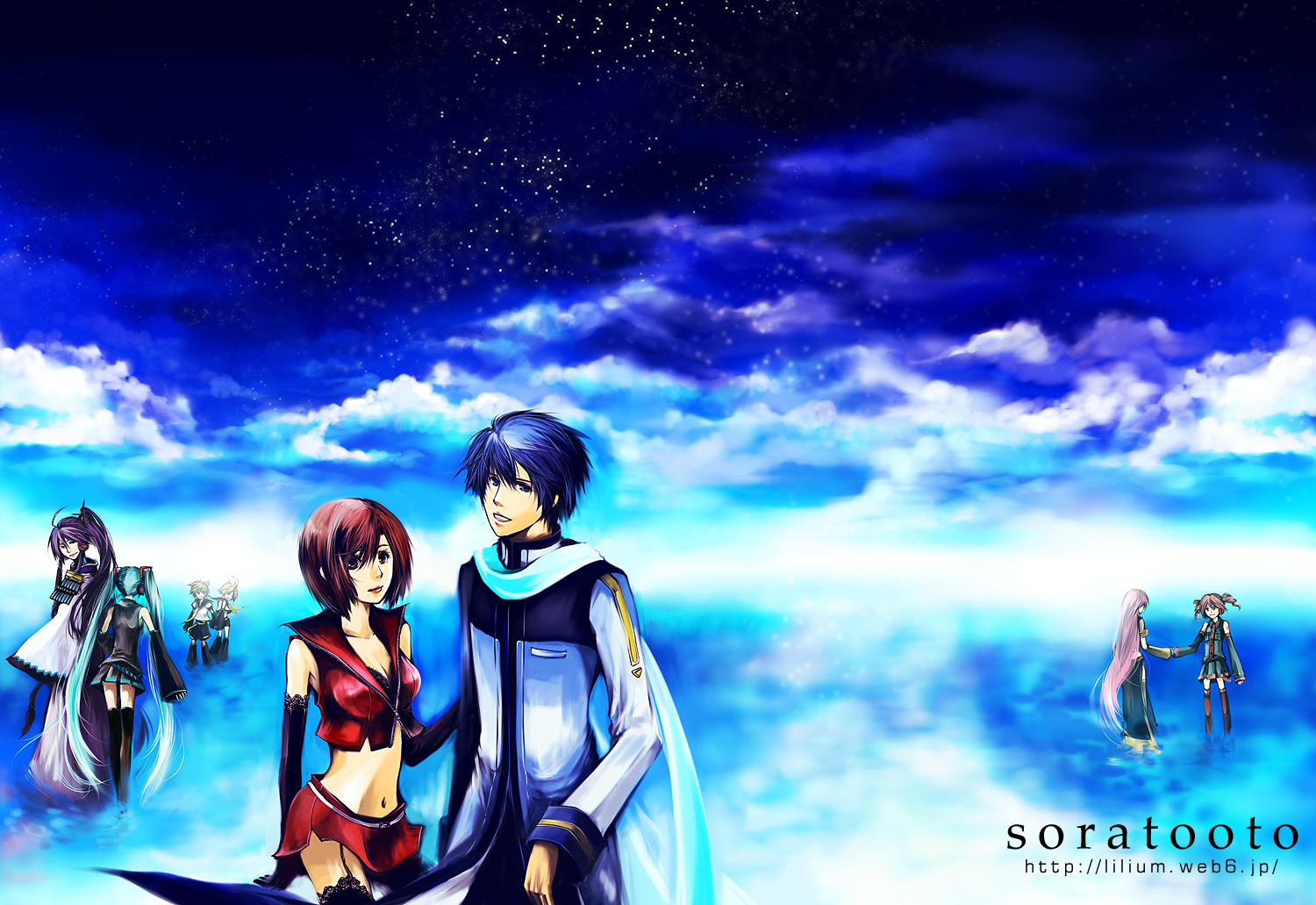 umu, umu (um), hatsune miku, kagamine len, kagamine rin, kaito (vocaloid), kamui gakupo, kasane teto, kasane teto (utau), megurine luka, meiko (vocaloid), utau, vocaloid, bad id, bad pixiv id, 3boys, 5girls, blue eyes, blue hair, crossover, detached sleeves, drill hair, elbow gloves, everyone, garter belt, gloves, green hair, long hair, midriff, multiple boys, multiple girls, necktie, ponytail, purple hair, red eyes, red hair, skirt, thighhighs, twintails, very long hair