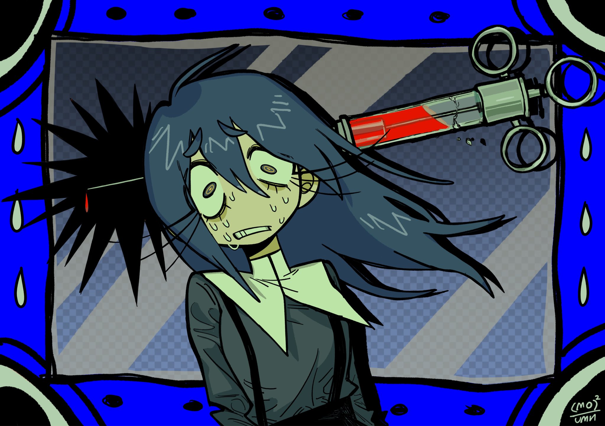 original, highres, 1girl, black hair, long hair, momoutsu muni, signature, solo, suspenders, syringe