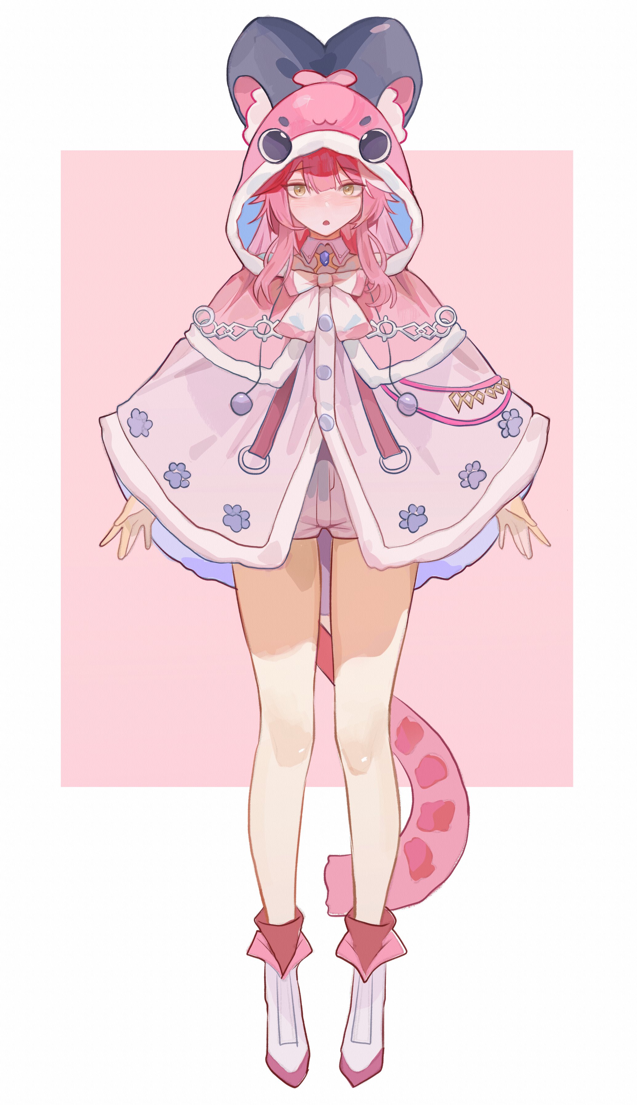 akurin 14, chattino (raora panthera), raora panthera, hololive, hololive english, absurdres, commentary, english commentary, highres, 1girl, blue gemstone, blush, bow, capelet, design speculation, full body, gem, hood, hooded capelet, long hair, looking at viewer, open mouth, panther girl, panther tail, pink background, pink bow, pink capelet, pink hair, pink hood, pink shoes, pink shorts, shoes, shorts, solo, tail, thighs, two-tone background, virtual youtuber, white background, yellow eyes