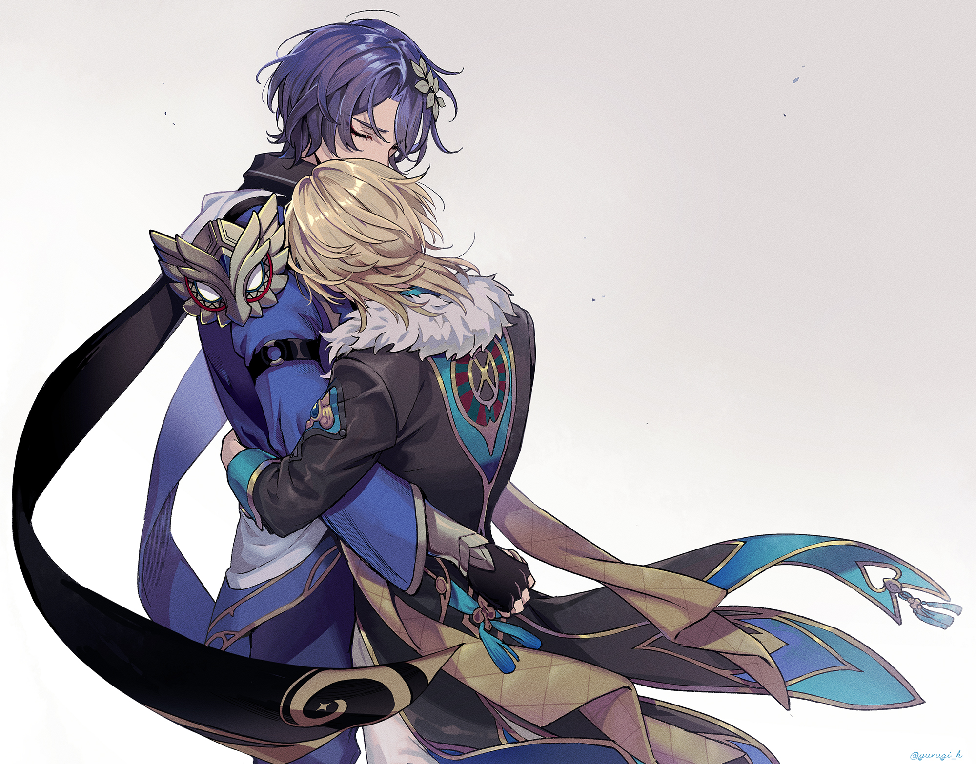 aventurine (honkai: star rail), dr. ratio (honkai: star rail), honkai: star rail, honkai (series), commentary request, highres, 2boys, ancient greek clothes, armor, artist name, black gloves, black jacket, black shirt, blonde hair, blue pants, closed eyes, collared shirt, cowboy shot, eyeshadow, facing away, fingerless gloves, from behind, fur-trimmed jacket, fur trim, gloves, gold trim, greco-roman clothes, hair between eyes, hair ornament, hug, jacket, makeup, male focus, medium hair, multiple boys, pants, parted bangs, pauldrons, purple hair, red eyeshadow, shirt, short hair, shoulder armor, simple background, single pauldron, sleeve cuffs, standing, three-quarter sleeves, twitter username, vambraces, white background, white pants, yurugi (yurugi h)