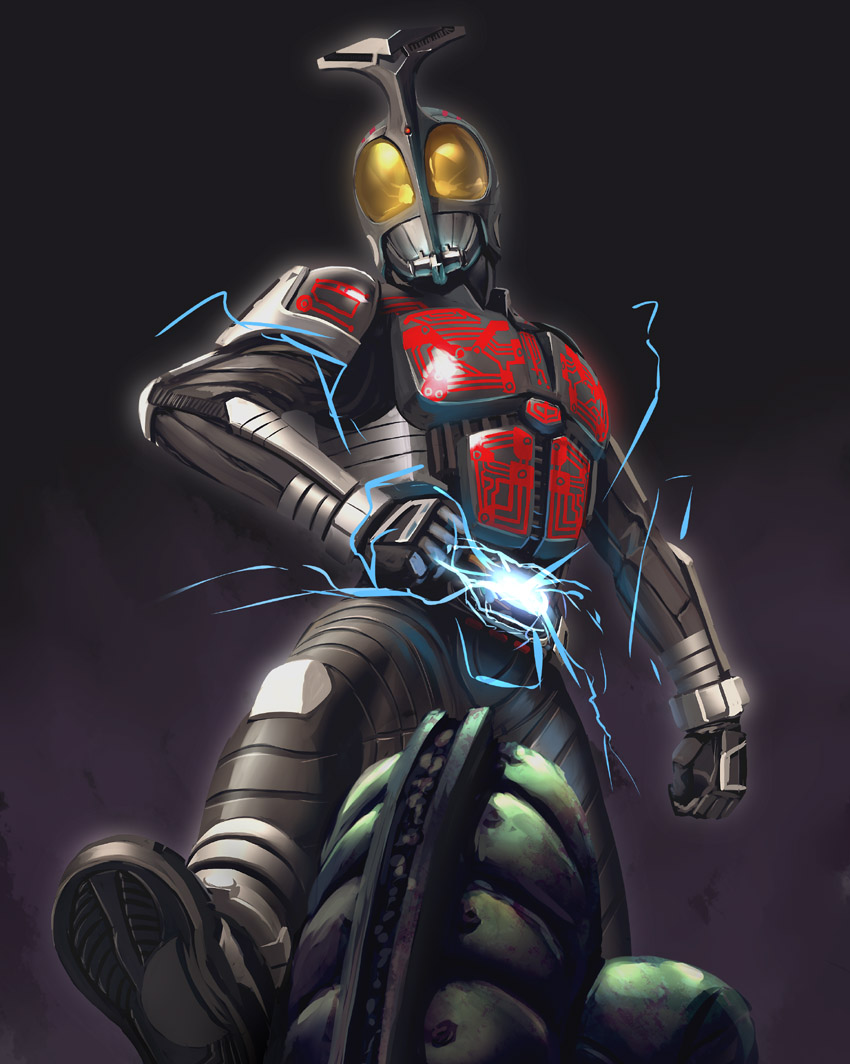 patorishia, kamen rider dark kabuto, kamen rider kabuto, bandai, kamen rider, kamen rider kabuto (series), 1boy, armor, belt, bodysuit, breastplate, electricity, goggles, looking at viewer, male focus, muscular, skin tight, solo, standing