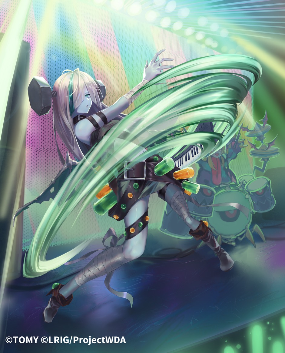 dqn (dqnww), wixoss, official art, 1girl, bandaged arm, bandages, bandaid, bandaid on leg, big bang (wixoss), black shoes, black shorts, blue hair, blue skin, closed mouth, colored skin, copyright notice, hair over one eye, instrument, keyboard (instrument), long hair, looking at viewer, purple eyes, shoes, shorts, solo, stage, stage lights, white hair