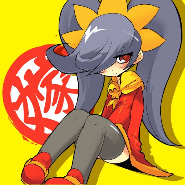 ario, ashley (warioware), nintendo, warioware, 1girl, alternate legwear, black hair, female focus, hair over one eye, hairband, long hair, red eyes, skull, solo, thighhighs, twintails
