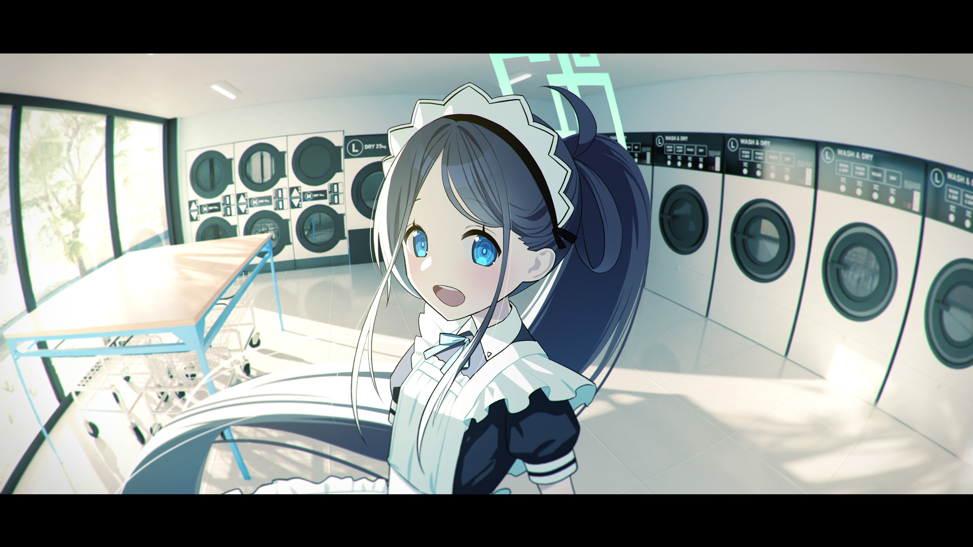 hayako, aris (blue archive), aris (maid) (blue archive), blue archive, highres, 1girl, apron, black hair, blue eyes, frilled apron, frills, indoors, laundry, long hair, looking at viewer, maid apron, maid headdress, official alternate costume, official alternate hairstyle, open mouth, ponytail, puffy short sleeves, puffy sleeves, short sleeves, smile, solo, very long hair, washing machine, white apron