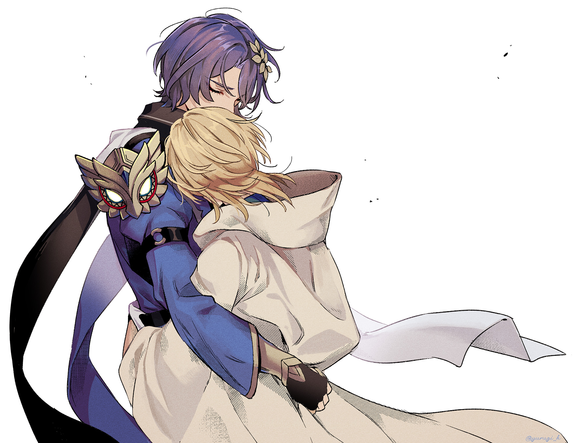 aventurine (honkai: star rail), dr. ratio (honkai: star rail), kakavasha (honkai: star rail), honkai: star rail, honkai (series), commentary request, highres, 2boys, ancient greek clothes, armor, artist name, black gloves, black shirt, blonde hair, blue pants, closed eyes, collared shirt, cowboy shot, eyeshadow, facing away, fingerless gloves, from behind, gloves, greco-roman clothes, hair between eyes, hair ornament, hug, long sleeves, makeup, male focus, medium hair, multiple boys, pants, parted bangs, pauldrons, purple hair, red eyeshadow, shirt, short hair, shoulder armor, simple background, single pauldron, sleeve cuffs, standing, twitter username, vambraces, white background, wide sleeves, yurugi (yurugi h)