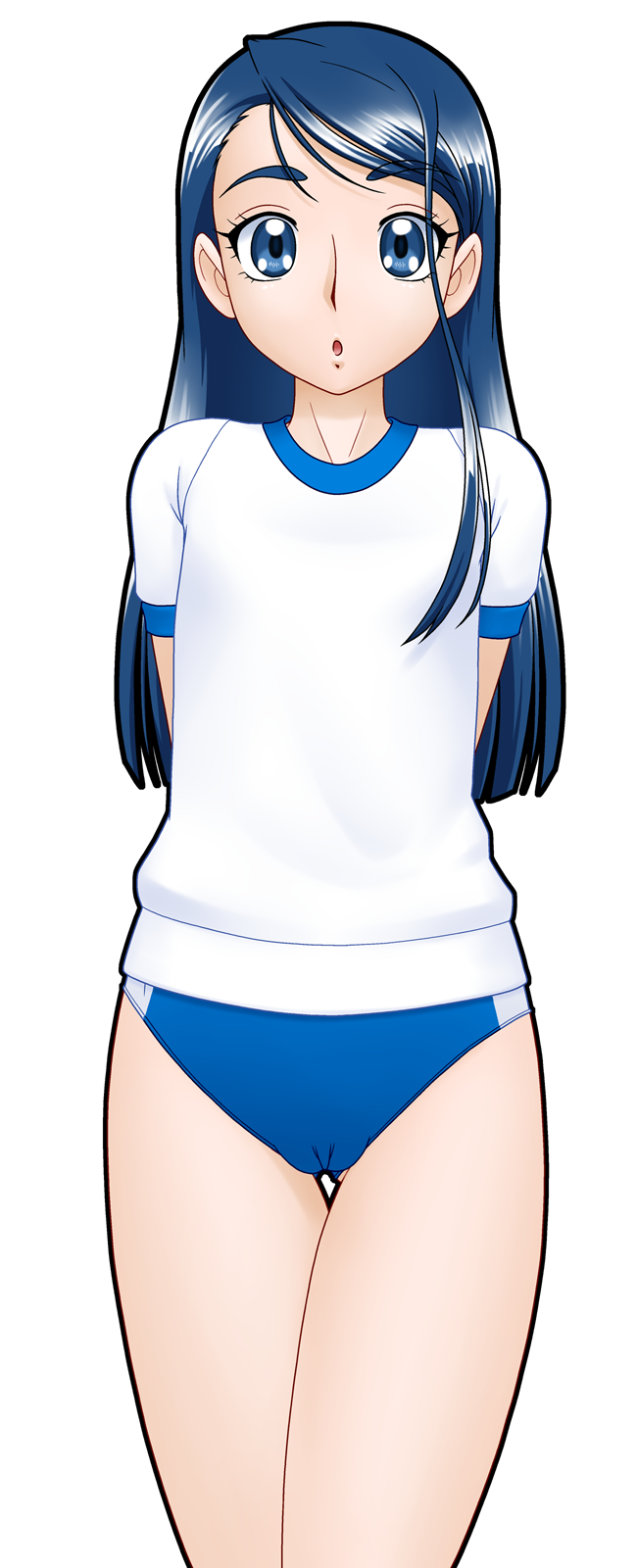 delica, minazuki karen, precure, yes! precure 5, highres, 00s, 1girl, :o, arms behind back, blue eyes, blue hair, buruma, cameltoe, eyelashes, female focus, flat chest, gym uniform, long hair, open mouth, simple background, solo, thigh gap, thighs