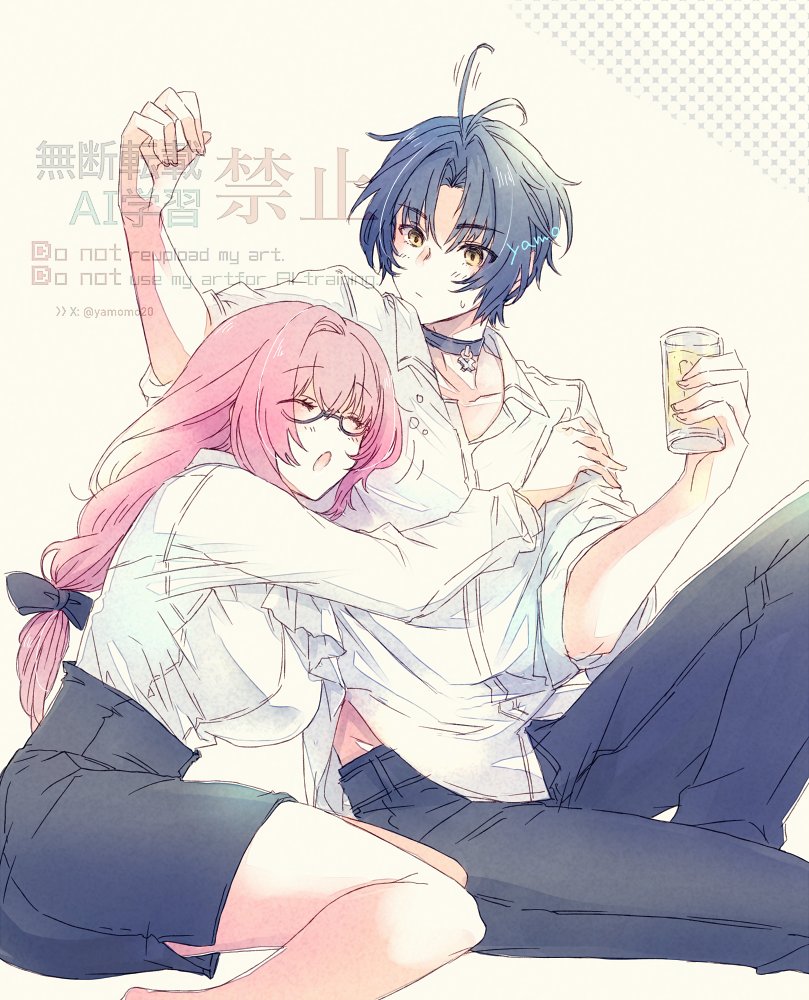 yamo (sky2world), asaba harumasa, tsukishiro yanagi, zenless zone zero, commentary request, 1boy, 1girl, antenna hair, arm up, artist name, bilingual text, black bow, black hair, black pants, black skirt, blush, bow, breasts, choker, closed eyes, closed mouth, collarbone, cup, dotted background, drink, drinking glass, drunk, english text, feet out of frame, glasses, hair between eyes, hair bow, hair intakes, head tilt, hetero, high-waist skirt, holding, holding drink, hug, large breasts, leg up, long hair, mixed-language text, open mouth, pants, parted bangs, pencil skirt, pink hair, shirt, short hair, sitting, skirt, sleeves rolled up, squeans, sweatdrop, twitter username, white background, white shirt, yellow eyes