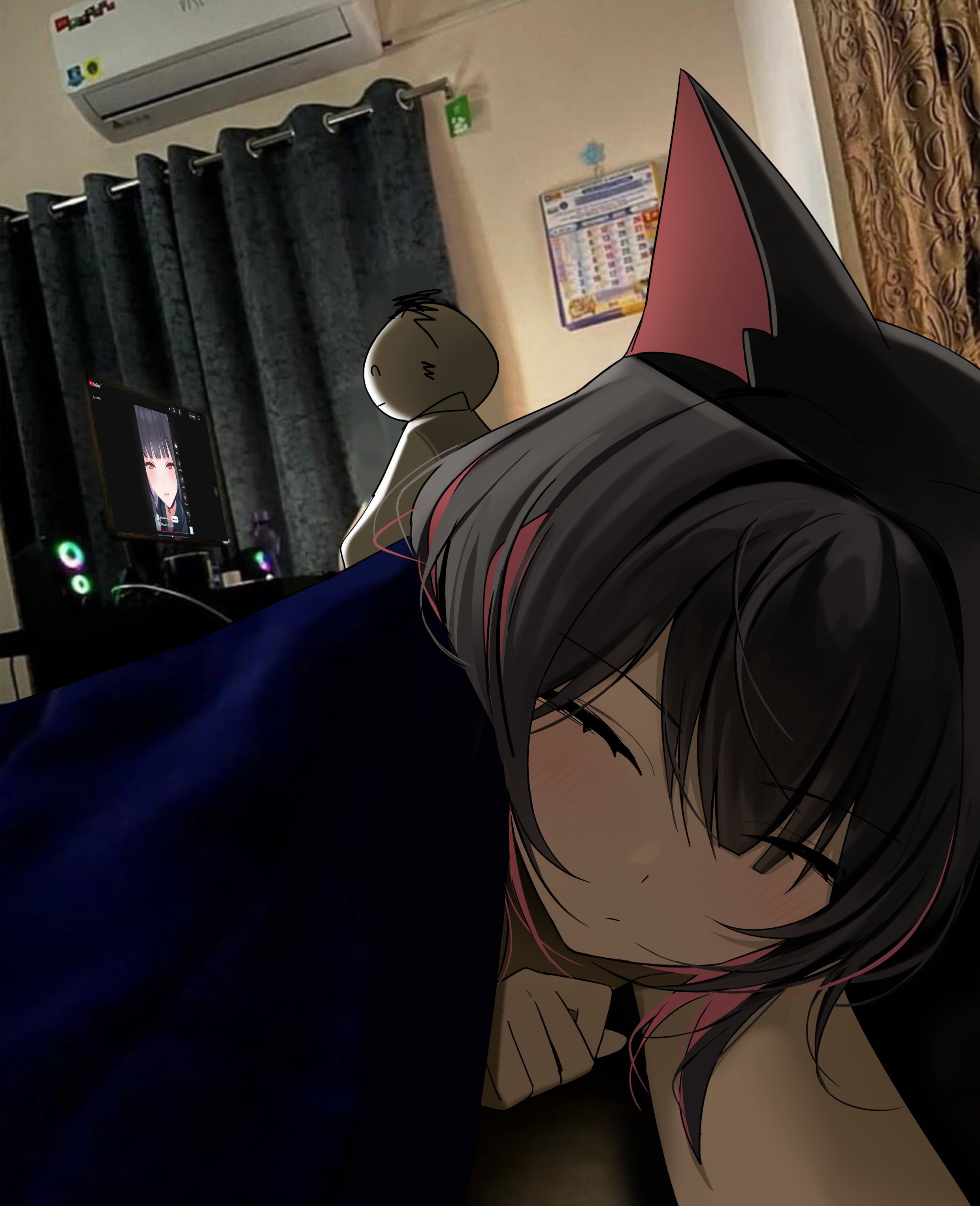 momocadraw, doodle sensei (blue archive), kazusa (blue archive), sensei (blue archive), blue archive, absurdres, commentary request, highres, 1boy, 1girl, animal ears, black hair, cat ears, cat girl, closed eyes, colored inner animal ears, colored inner hair, extra ears, indoors, lying, multicolored hair, on side, photo background, pink hair, short hair, sleeping, two-tone hair, under covers