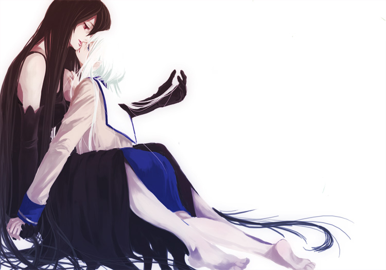 suzunosuke (sagula), chronica, rukia (sound horison), chronicle 2nd, elysion, sound horizon, bad id, bad pixiv id, 2girls, barefoot, black hair, blue eyes, elbow gloves, feet, gloves, long hair, multiple girls, red eyes, school uniform, soles, very long hair, white hair, yuri