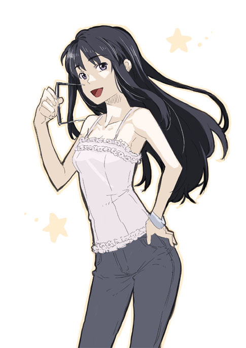 mura (kanojo no oukoku), black hair, denim, glasses, hand on own hip, hip focus, jeans, long hair, pants, solo