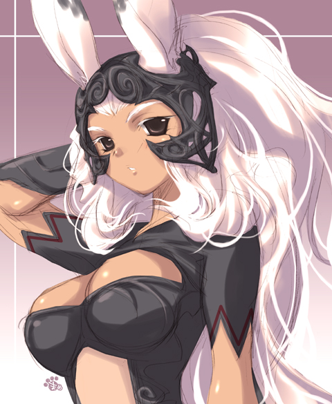 mame-p, fran (ff12), final fantasy, final fantasy xii, bad id, bad pixiv id, 00s, 1girl, animal ears, armor, breasts, brown eyes, cleavage, dark-skinned female, dark skin, female focus, long hair, ponytail, rabbit ears, solo, viera, white hair
