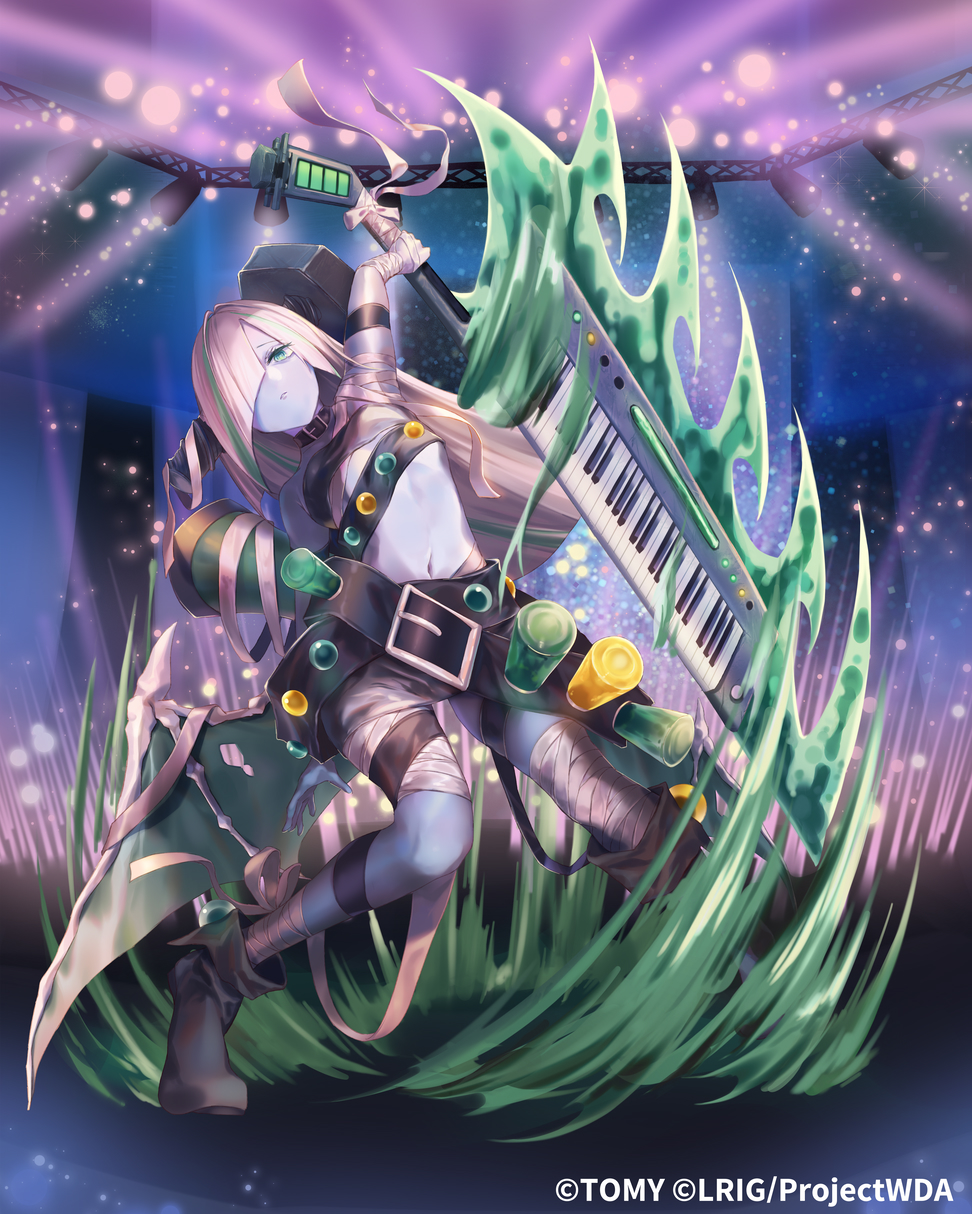 dqn (dqnww), wixoss, highres, official art, 1girl, bandaged arm, bandaged leg, bandages, big bang (wixoss), black shorts, blue hair, blue skin, closed mouth, colored skin, copyright notice, flat chest, holding, holding instrument, instrument, keyboard (instrument), looking at viewer, multicolored hair, purple eyes, shorts, solo, streaked hair, white hair